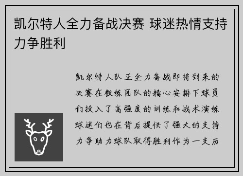 凯尔特人全力备战决赛 球迷热情支持力争胜利