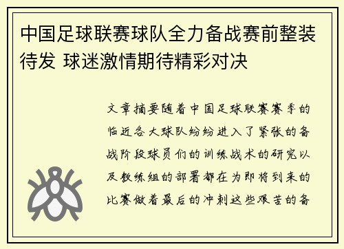 中国足球联赛球队全力备战赛前整装待发 球迷激情期待精彩对决
