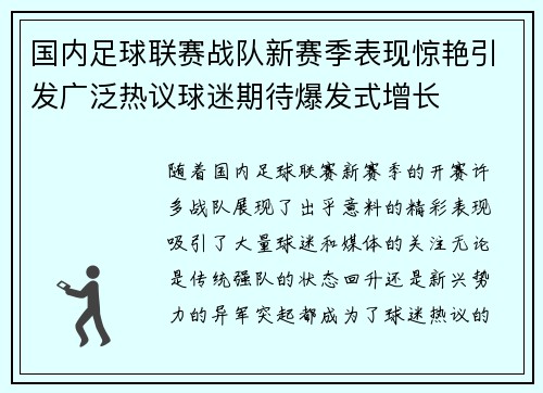 国内足球联赛战队新赛季表现惊艳引发广泛热议球迷期待爆发式增长
