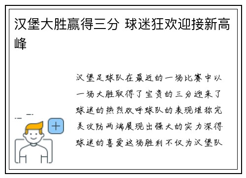 汉堡大胜赢得三分 球迷狂欢迎接新高峰