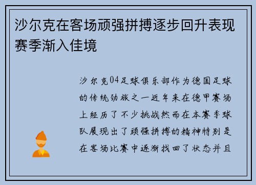 沙尔克在客场顽强拼搏逐步回升表现赛季渐入佳境