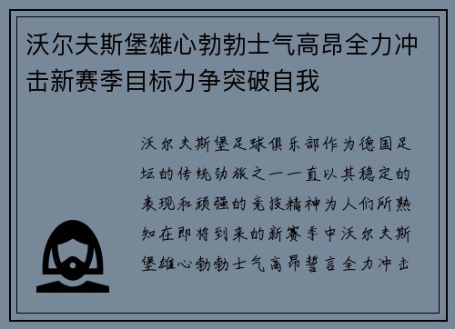 沃尔夫斯堡雄心勃勃士气高昂全力冲击新赛季目标力争突破自我 沃尔夫斯堡雄心勃勃士气高昂全力冲击新赛季目标力争突破自我