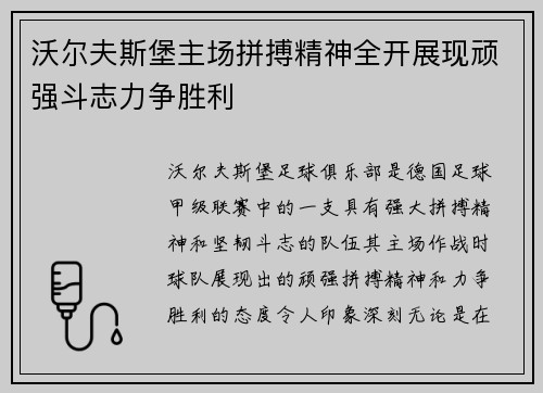 沃尔夫斯堡主场拼搏精神全开展现顽强斗志力争胜利