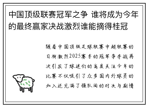 中国顶级联赛冠军之争 谁将成为今年的最终赢家决战激烈谁能摘得桂冠